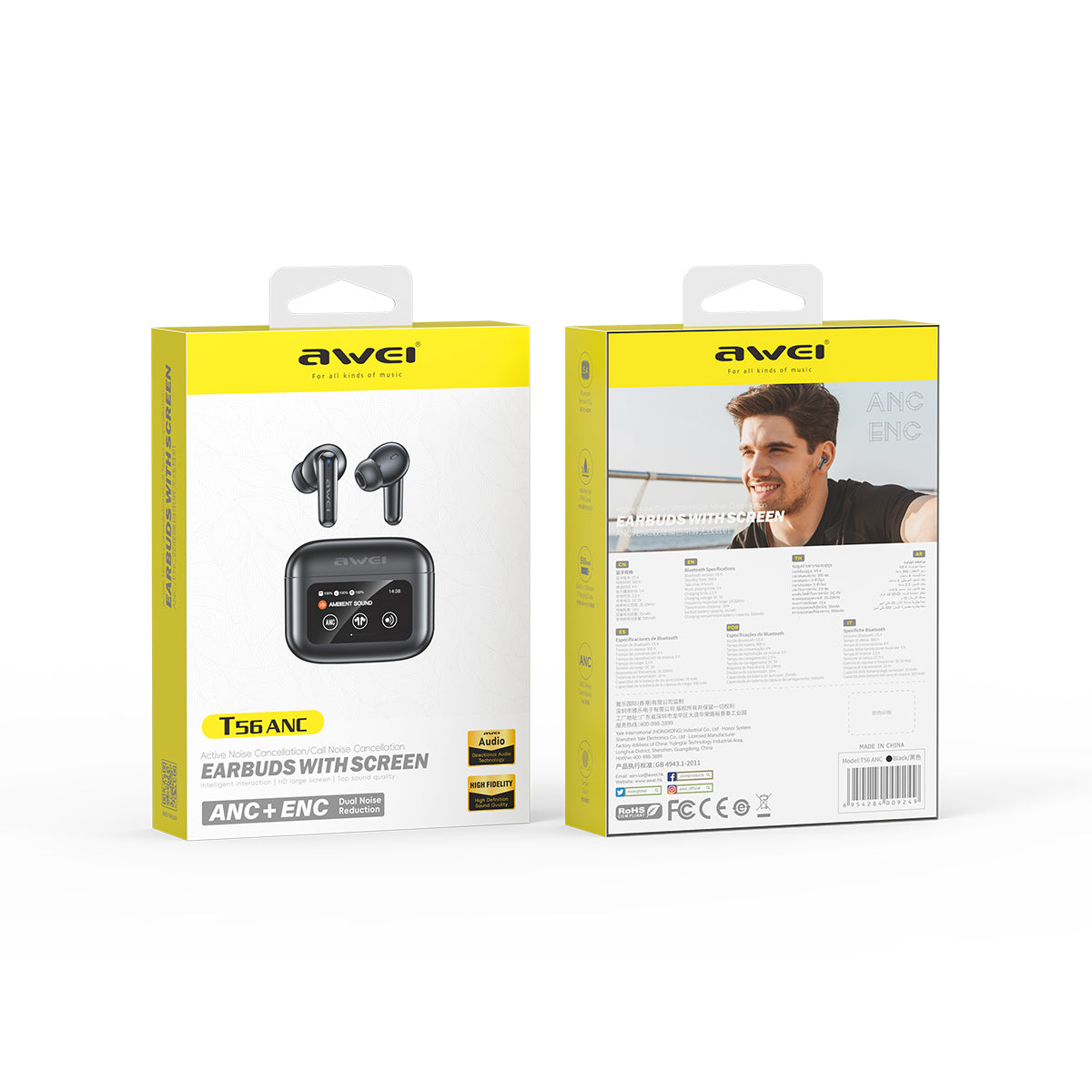 Auriculares Bluetooth con pantalla táctil a color AWEI T56ANC