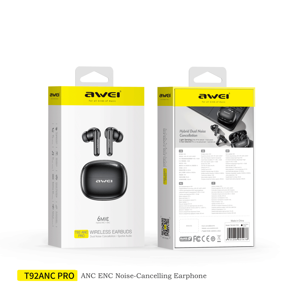 AWEI T92ANC Pro Earphone (Active Noise Cancellation,Clear Calls)