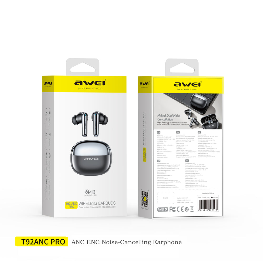 AWEI T92ANC Pro Earphone (Active Noise Cancellation,Clear Calls)